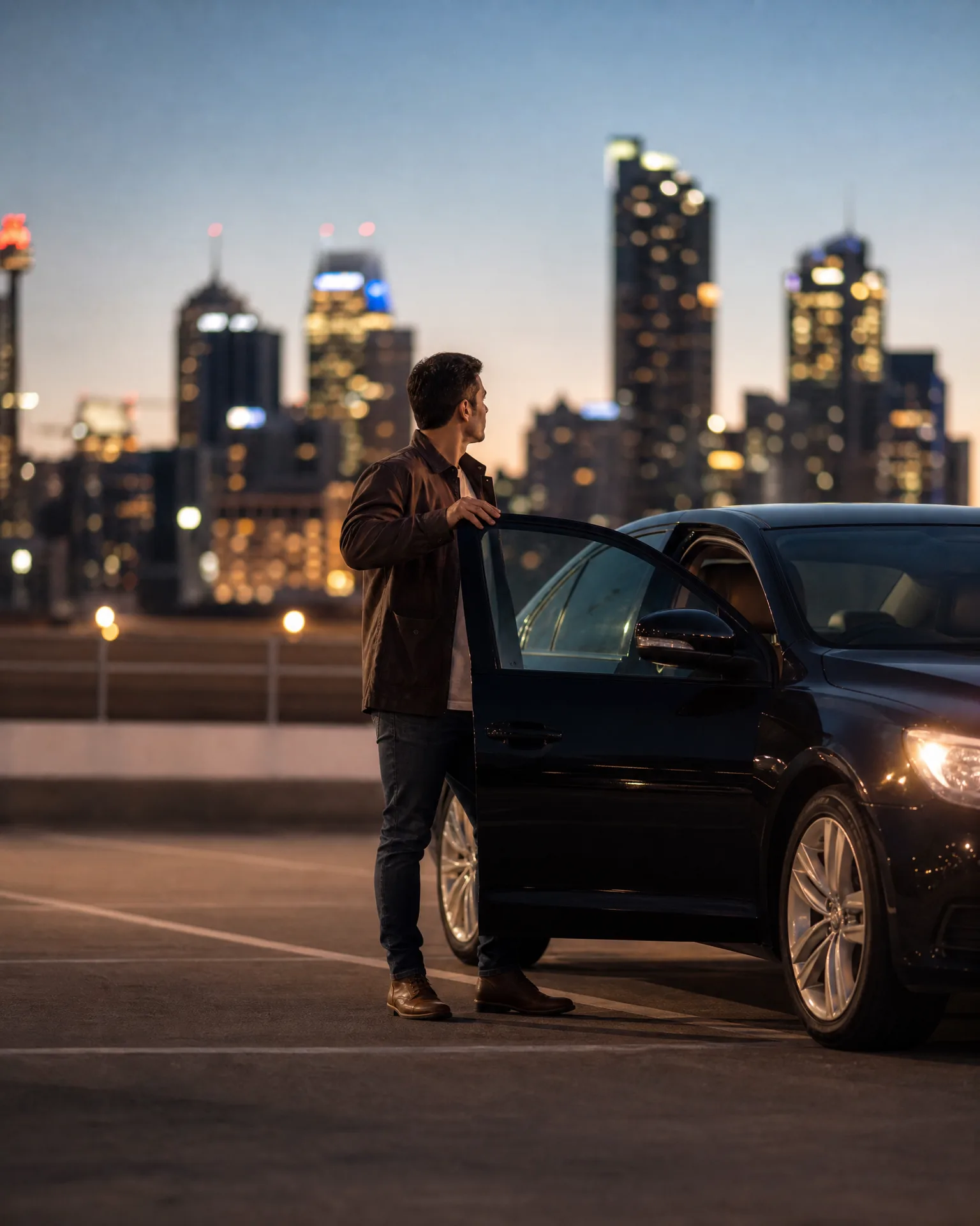 A man in a brown jacket and dark jeans stands holding the open driver's door of a dark sedan on a rooftop parking deck, with a blurred lit city skyline at dusk behind him.