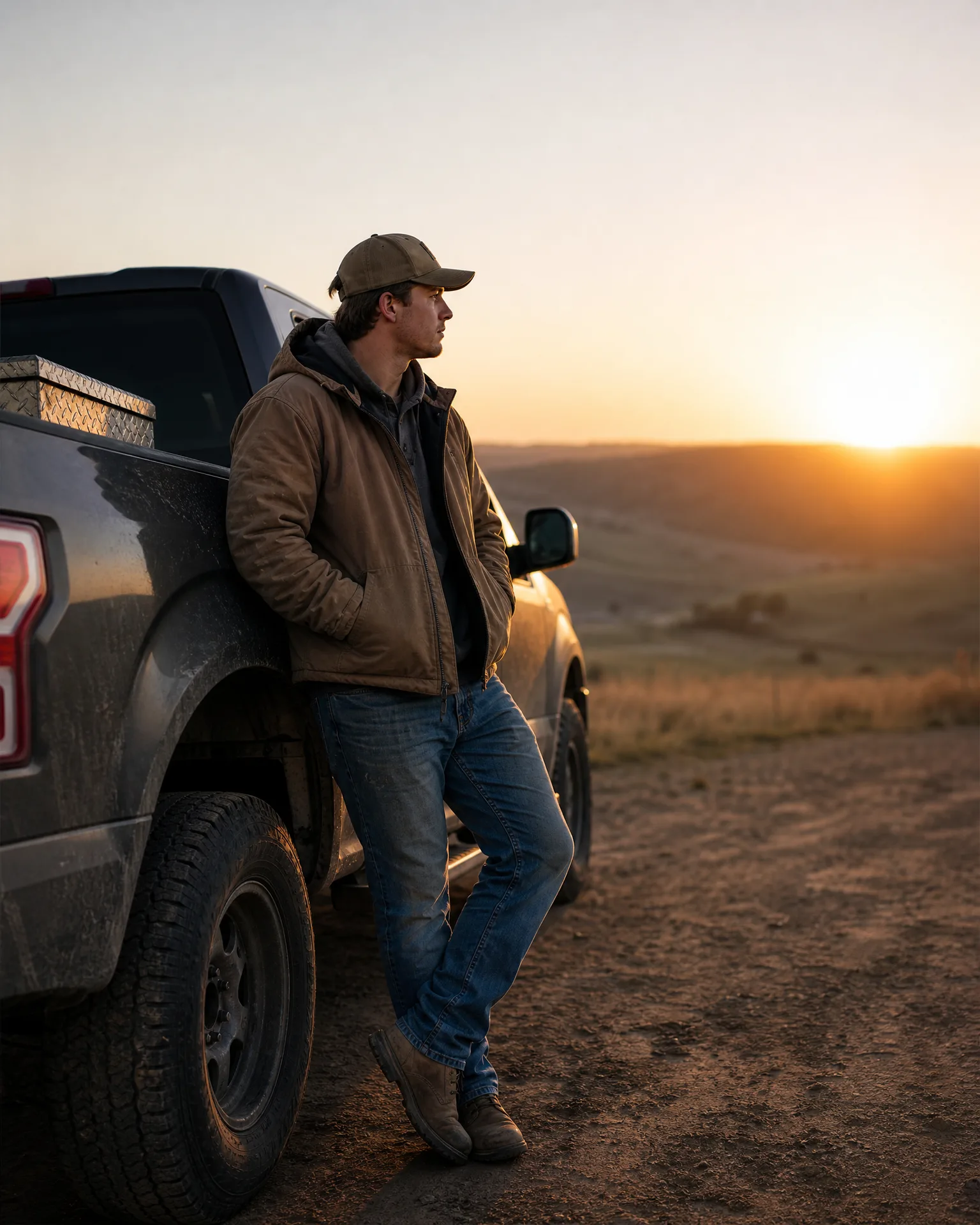 A man in a cap, tan jacket, jeans and work boots leans against the side of a dusty pickup truck on a dirt track, looking toward a low sun over open rolling grassland.