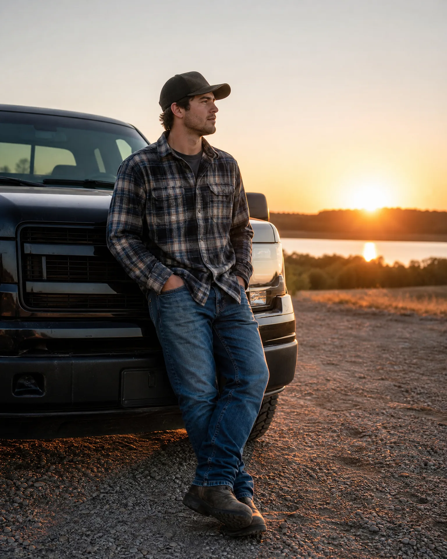 A man in a cap, plaid flannel shirt, jeans and boots leans against the front of a dark pickup truck on gravel ground, with a lake and sunset on the horizon behind him.