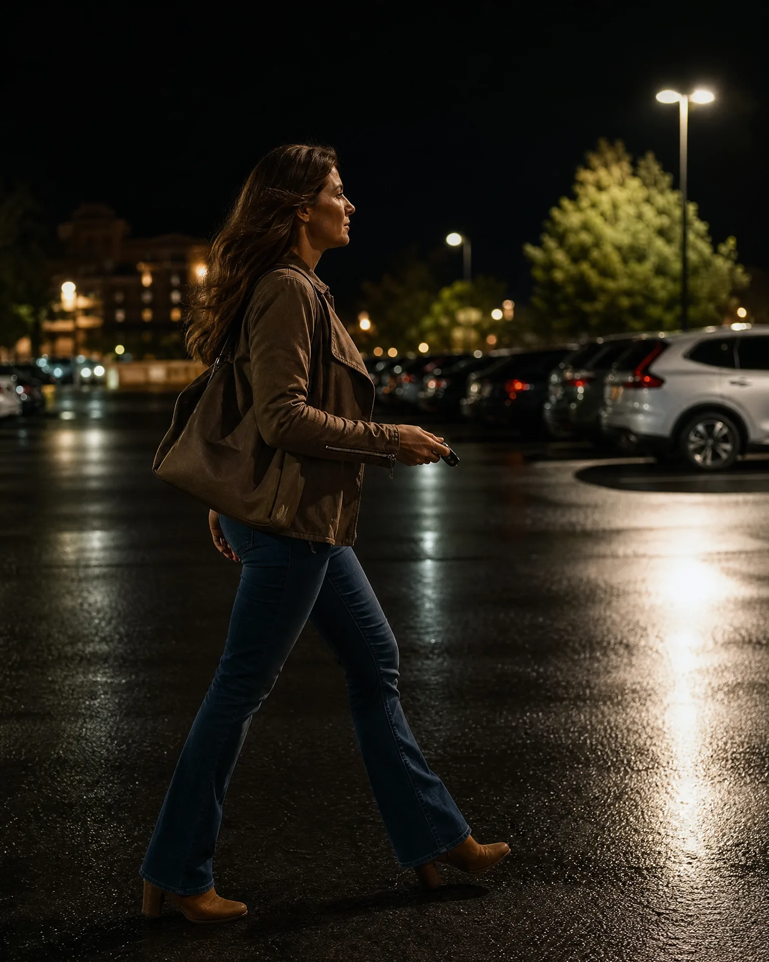 A woman in a brown jacket, jeans and tan boots walks across a wet parking lot at night, carrying a shoulder bag and keys, with parked cars, a lit tree and a street lamp in the background.