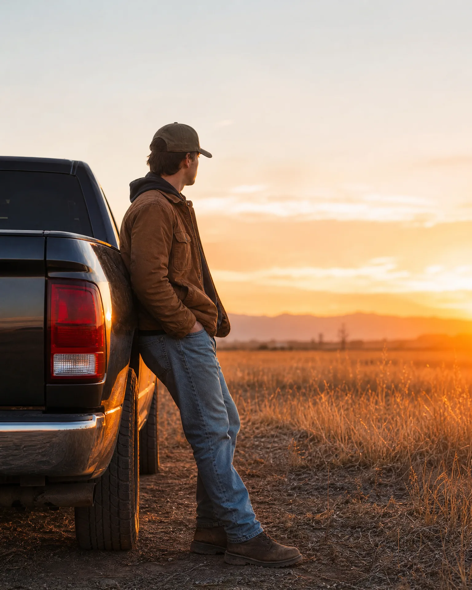 A man in a cap, brown jacket and jeans leans against the rear of a dark pickup truck in a dry grass field at sunset, with distant low mountains on the horizon.
