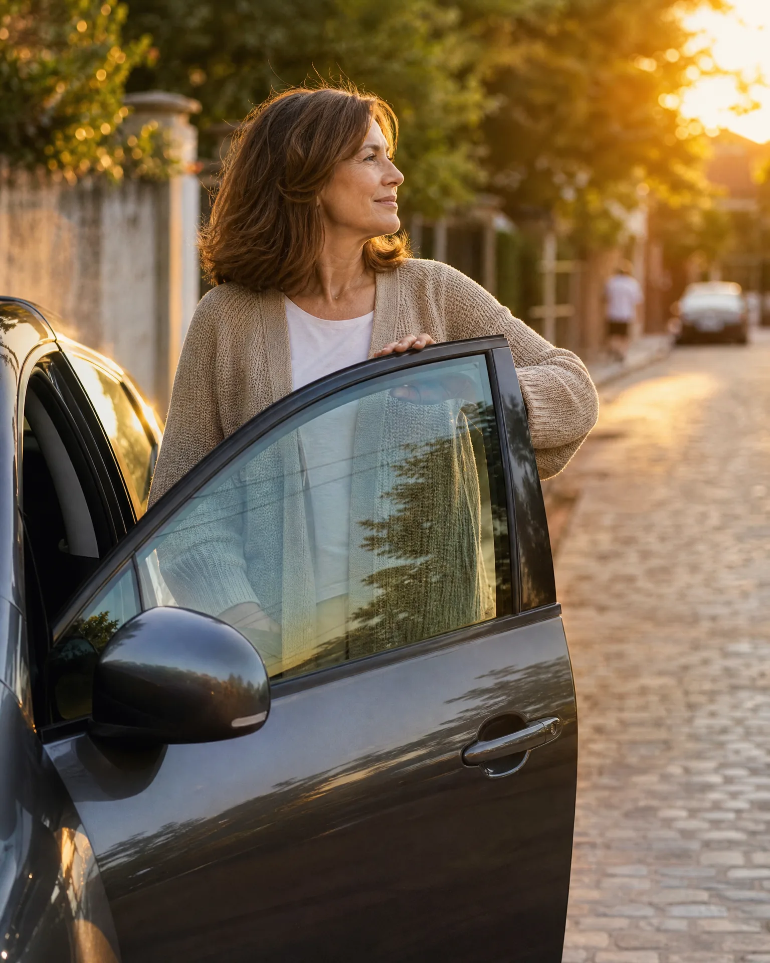 A woman in a beige cardigan and white top stands behind the open door of a dark car on a cobbled street at sunset, looking off to the side.