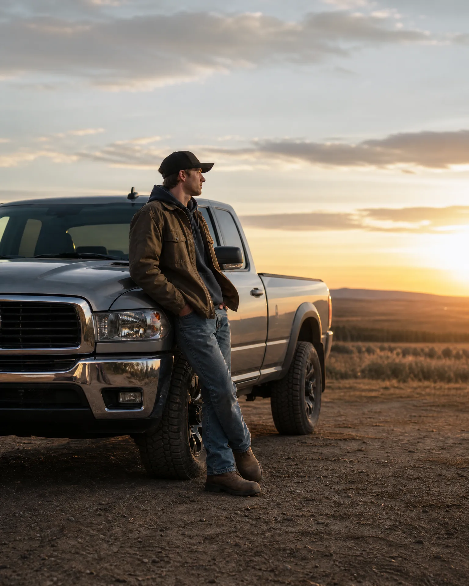 A man in a cap, jacket and jeans leans against the front fender of a pickup truck parked on gravel, facing the setting sun over open rolling terrain.
