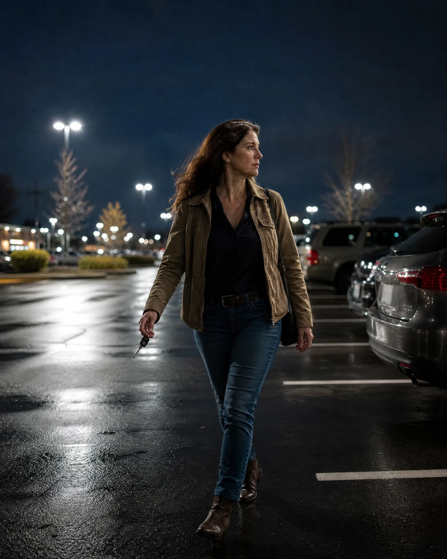 A woman in a tan jacket, dark top and jeans walks across a wet parking lot at night holding keys, with parked cars and lit light poles behind her.