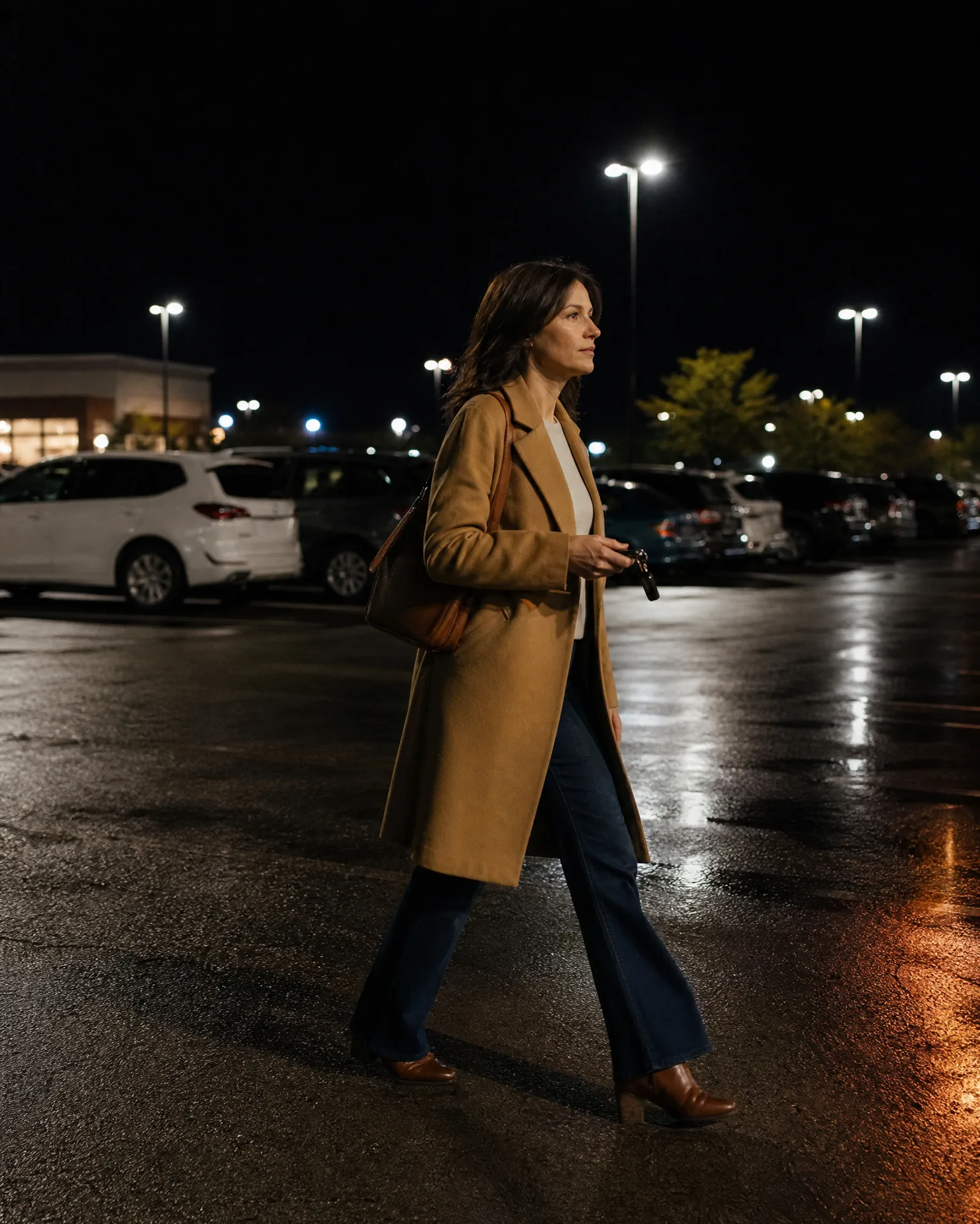 A woman in a tan knee-length coat, white top, dark jeans and brown heeled boots walks across a wet parking lot at night, carrying a tan shoulder bag and keys, with parked cars and lit light poles behind her.