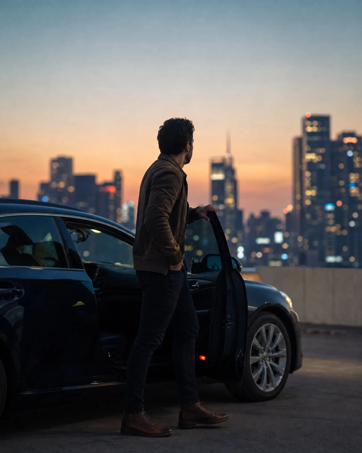 A man in a brown jacket and dark jeans stands holding the open door of a dark sedan on a rooftop parking deck, facing a city skyline at dusk.