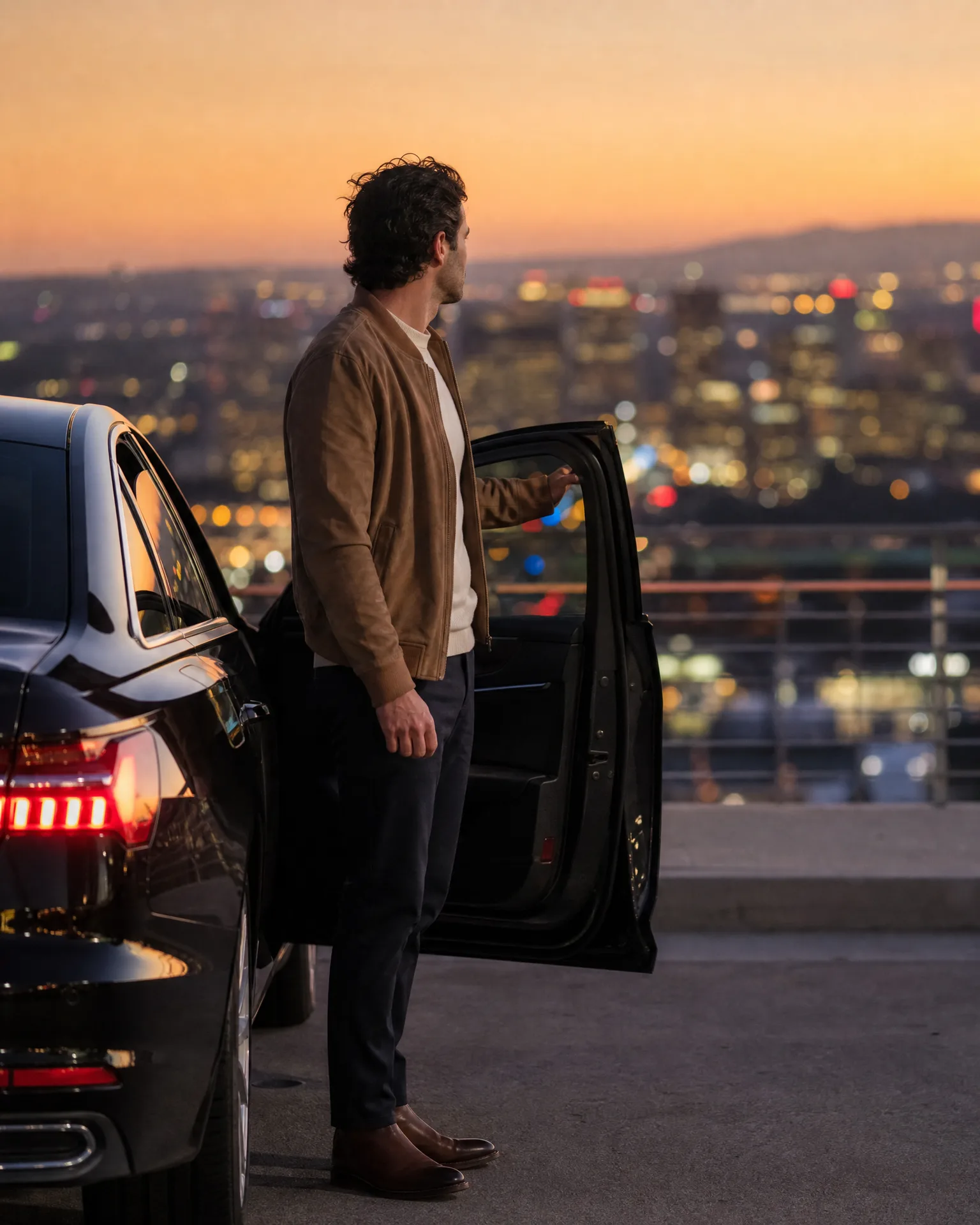 A man in a tan suede jacket and dark trousers stands beside a dark SUV with its rear door open, on a rooftop parking deck overlooking a blurred city skyline at dusk.