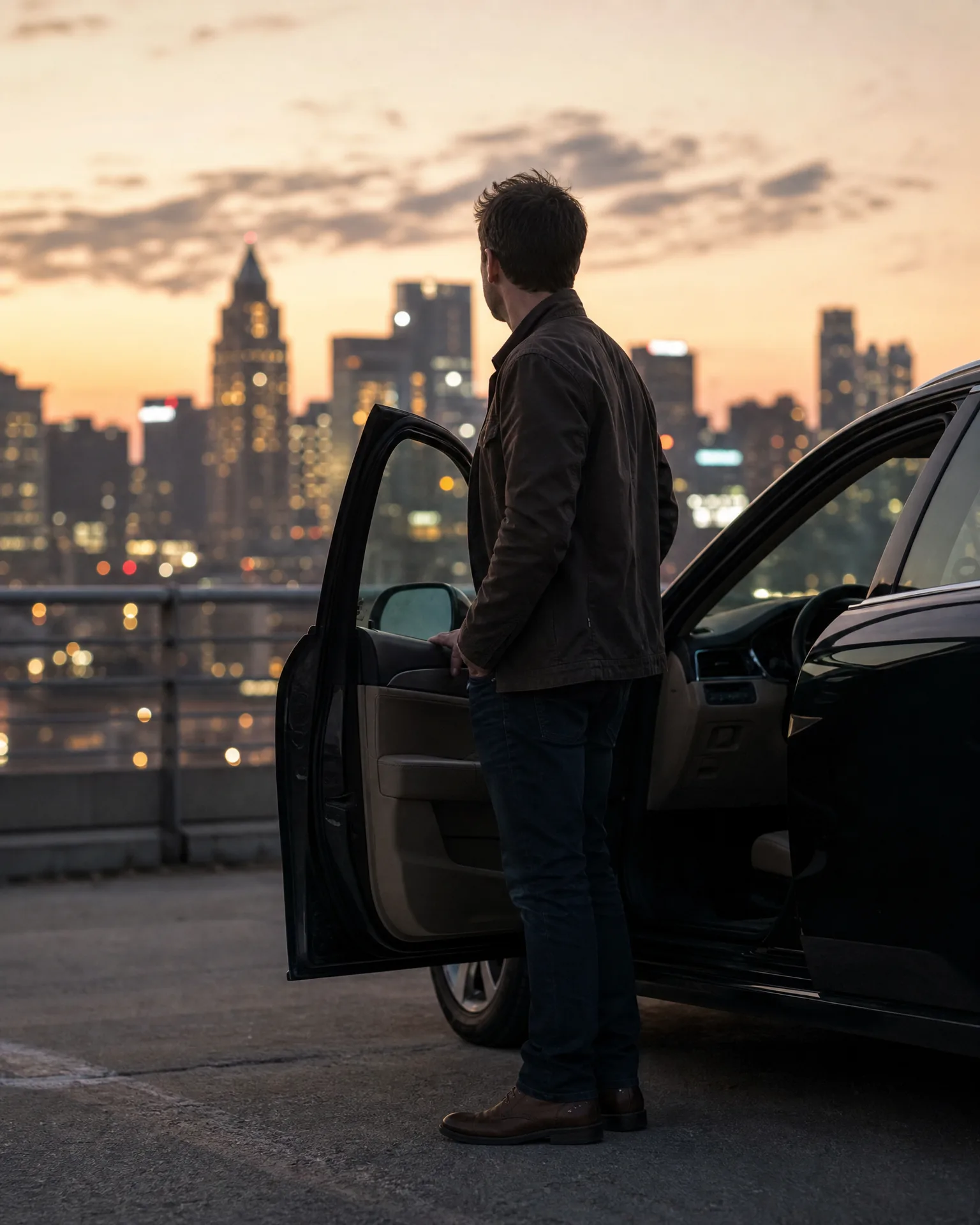 A man in a brown jacket and jeans stands beside an open car door on a paved area, facing a city skyline at dusk.