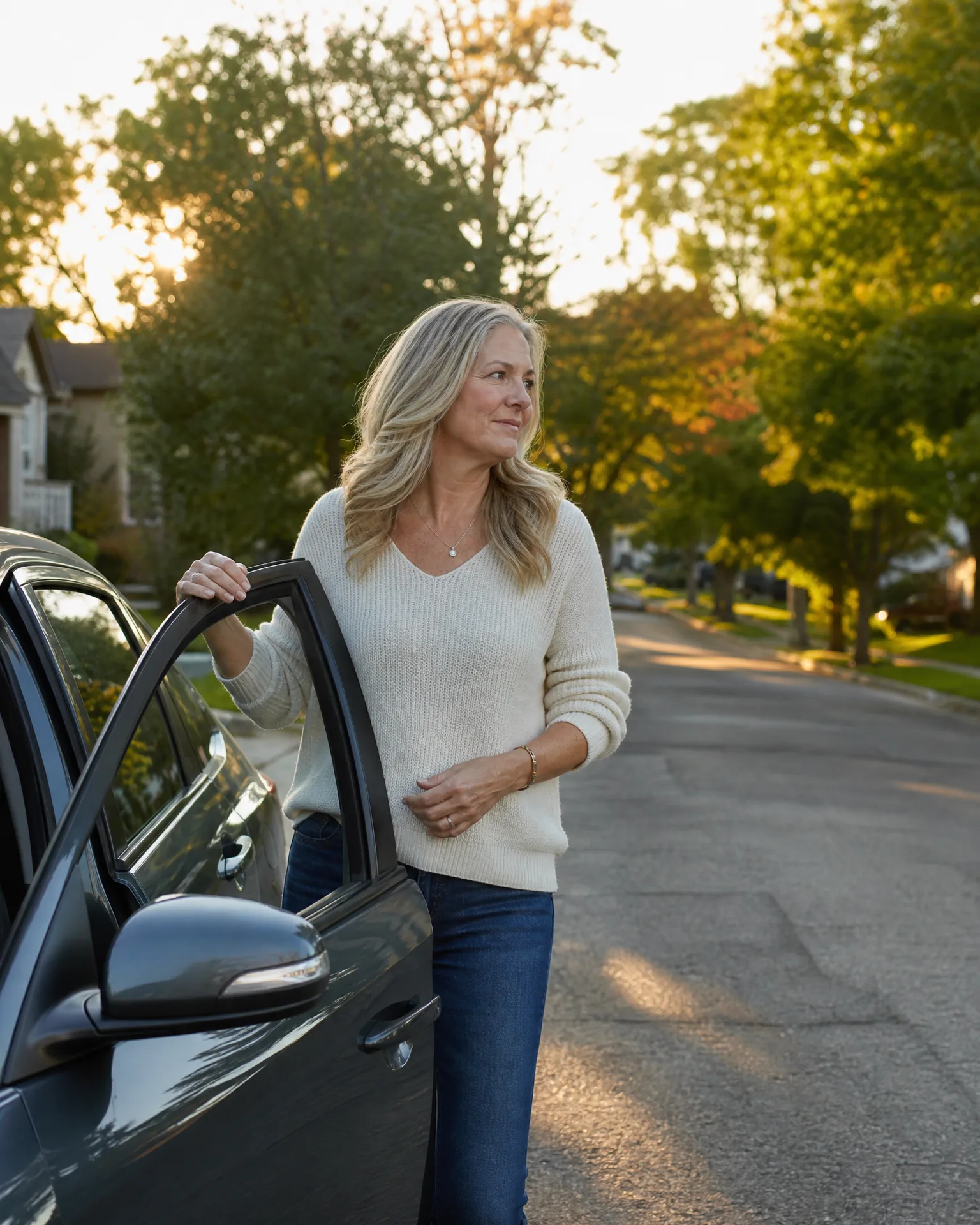 A woman with long blonde hair in a cream knit sweater and jeans stands beside an open car door on a residential street lined with sunlit trees.