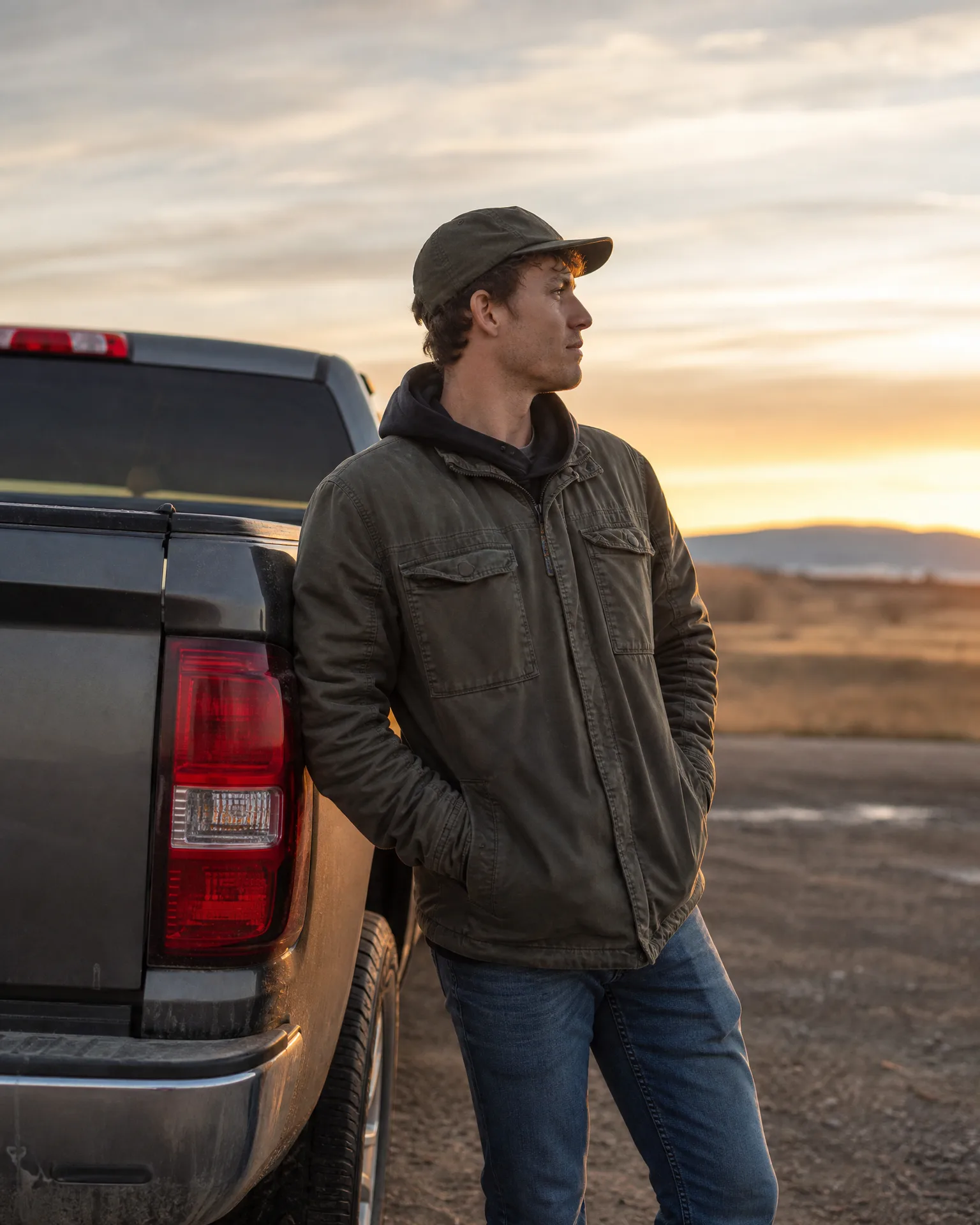 A man in a cap, olive jacket over a hooded sweatshirt, and jeans leans against the rear fender of a pickup truck on a gravel area at sunset, with low hills on the horizon.