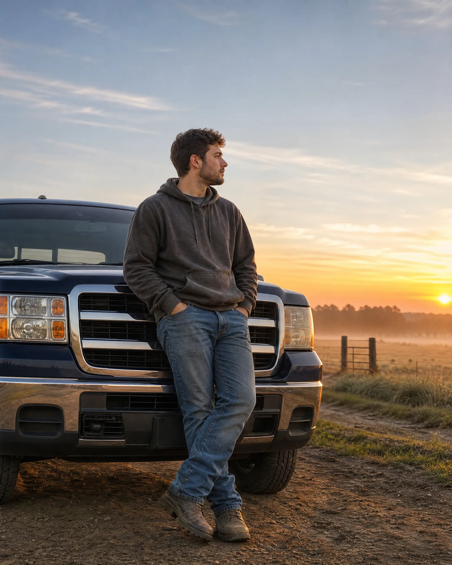 A man in a dark hooded sweatshirt, jeans and boots leans against the front of a dark pickup truck on a dirt track, with a misty field, fence and low sun behind him.