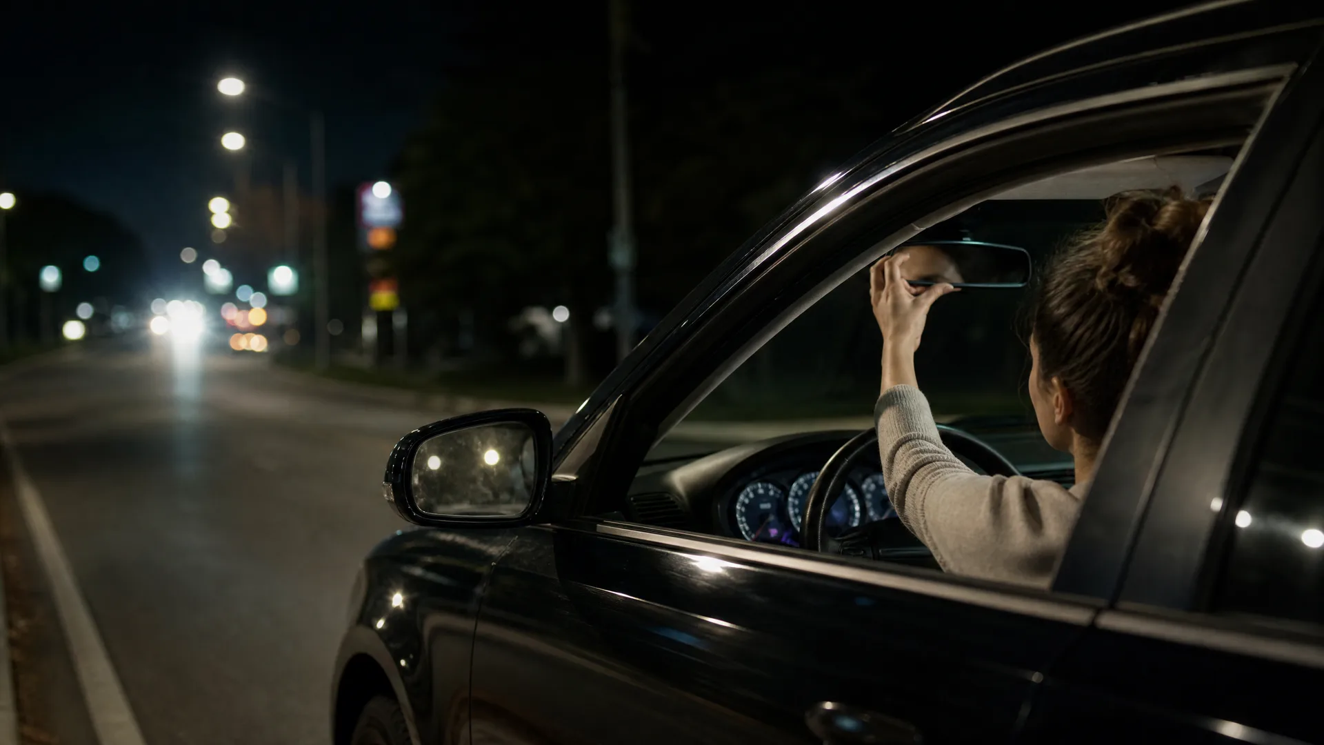 A woman seated in the driver's seat of a dark car at night adjusts the rearview mirror, seen through the open side window, with a road and streetlights blurred in the background.