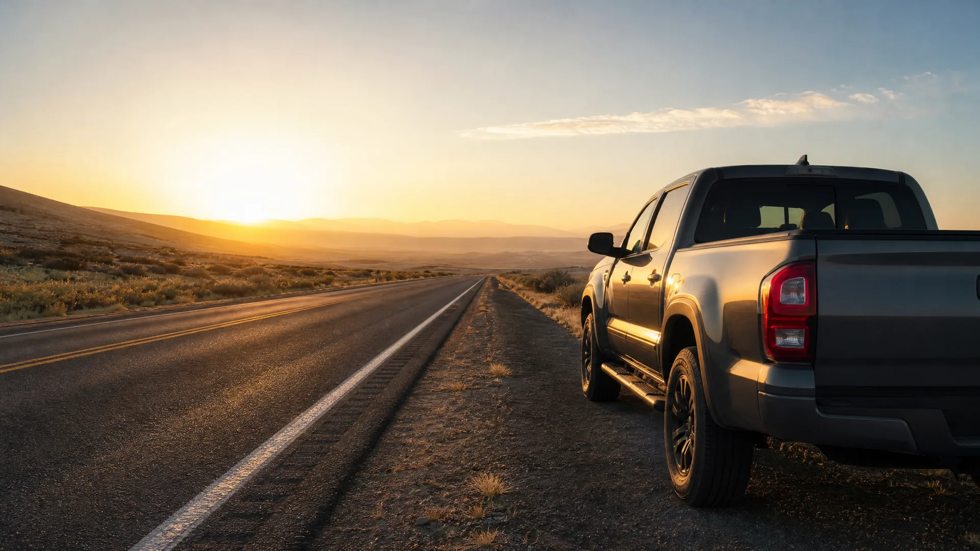 A dark gray crew-cab pickup truck parked on the gravel shoulder of a two-lane road at sunset, with dry scrub and distant hills in the background.