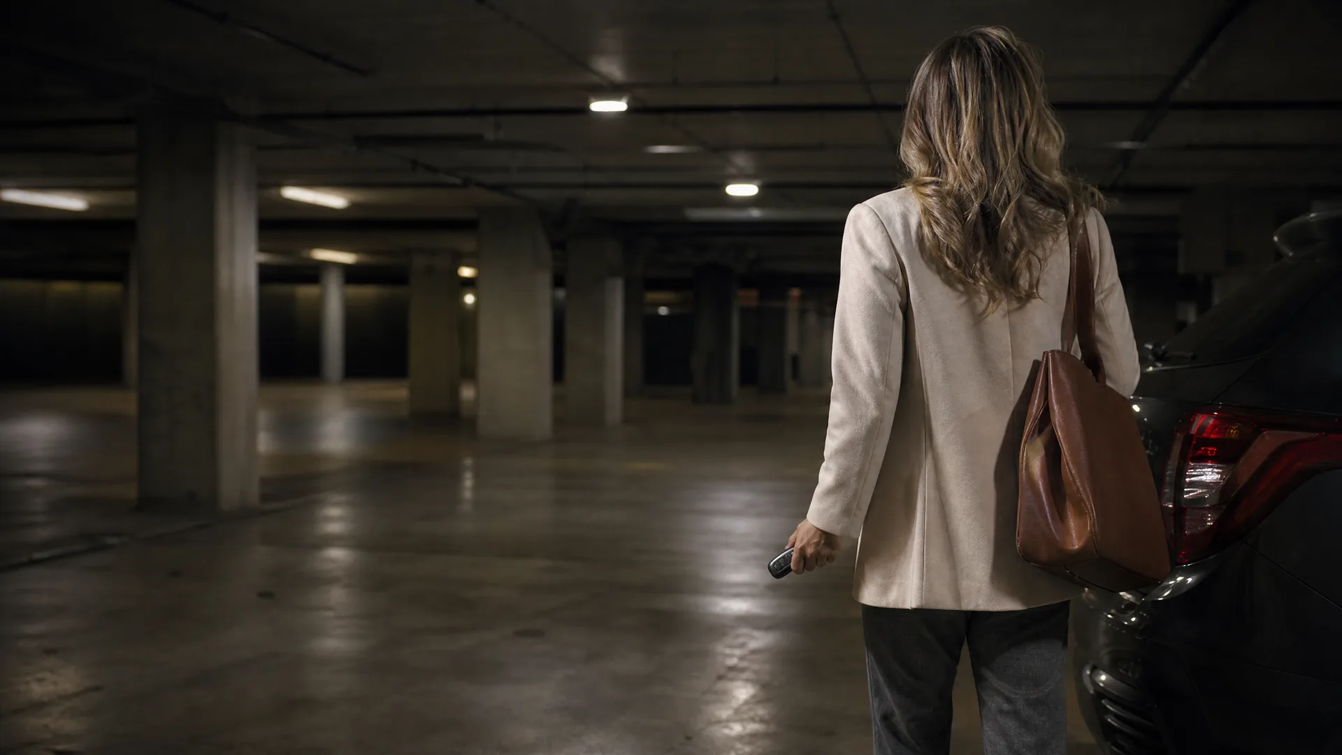A woman seen from behind in a light blazer with a brown shoulder bag holds a key fob while walking toward a dark car in a dim concrete parking garage.