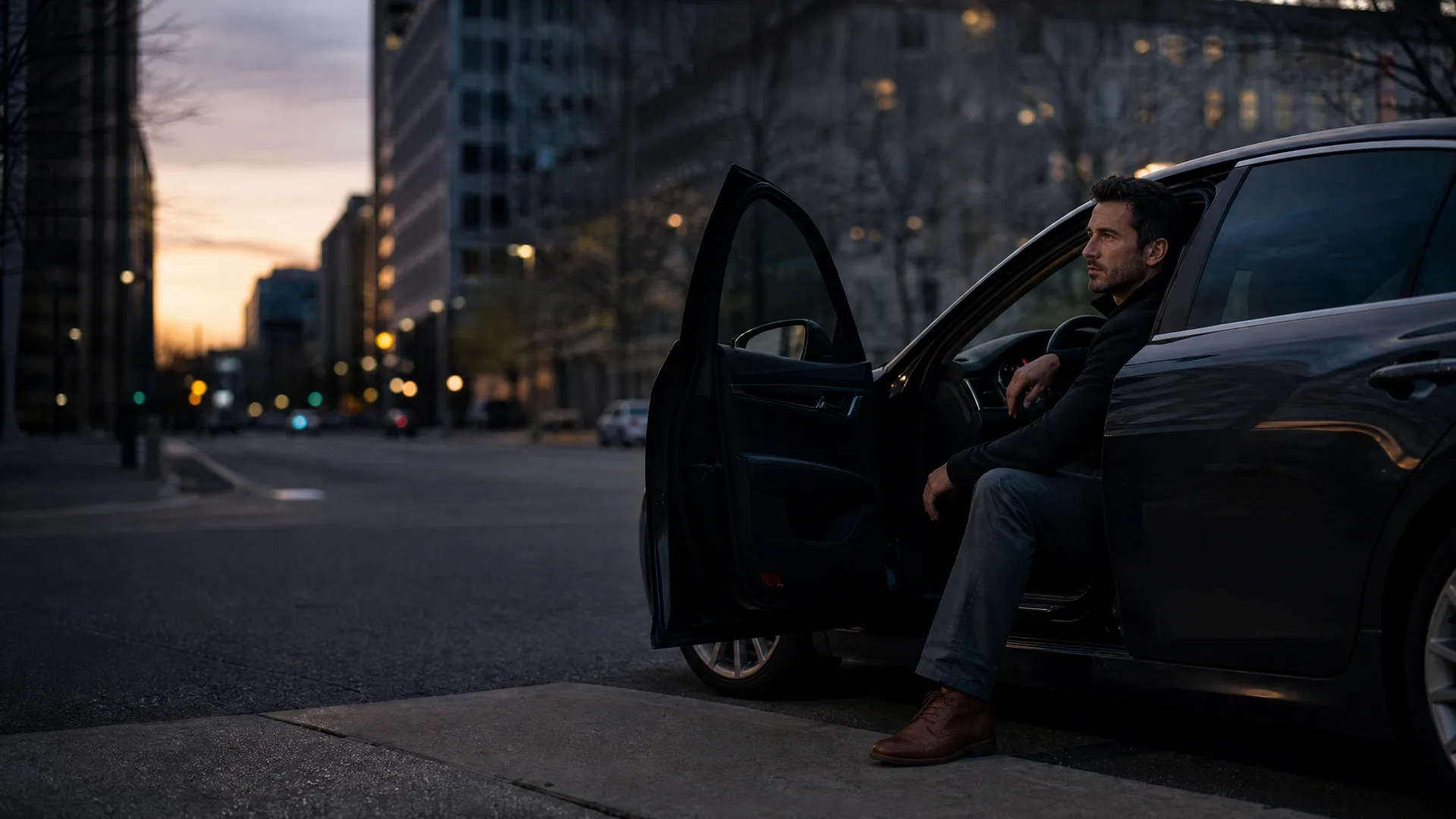 A man in a dark jacket and jeans sits in the open driver's doorway of a dark sedan parked at a city curb at dusk, with an empty street and buildings behind him.
