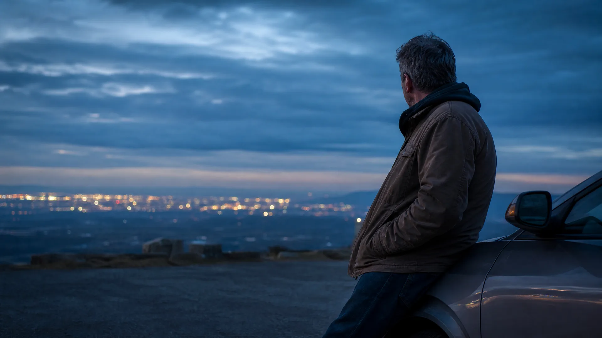 A man in a brown jacket leans against a car on a hilltop at dusk, looking out over distant city lights under a cloudy sky.