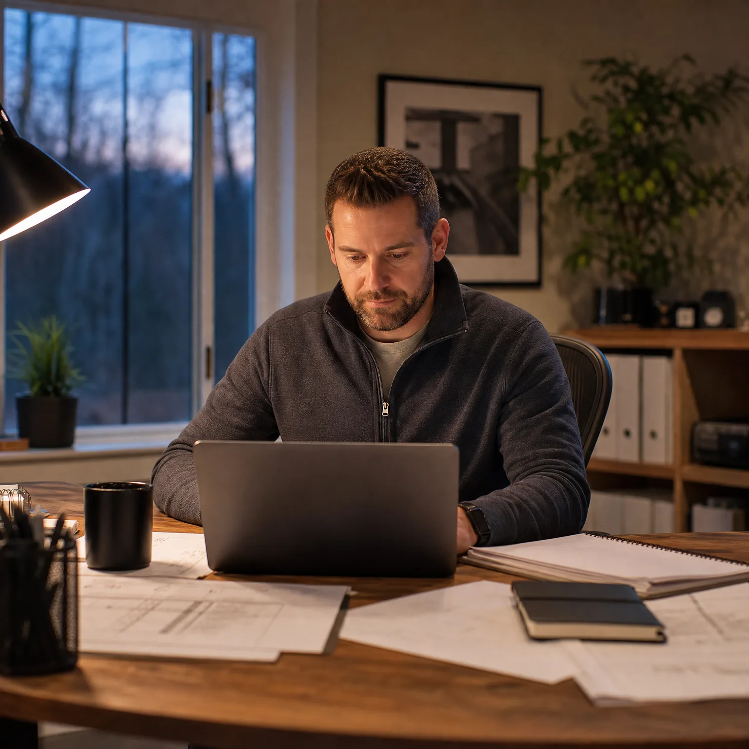 A man in a gray zip-neck sweater sits at a wooden desk using a laptop, with papers, a notebook, a dark mug and a desk lamp around him, a window showing bare trees at dusk behind.