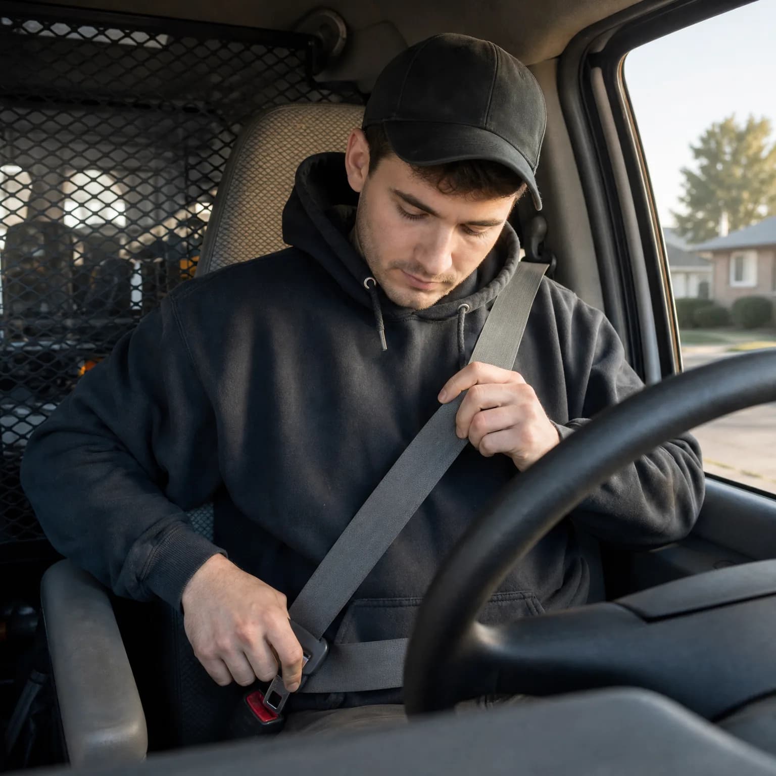 A man in a dark hoodie and black cap sits in a vehicle's driver seat fastening the seat belt, with a steering wheel in the foreground and houses visible through the side window.