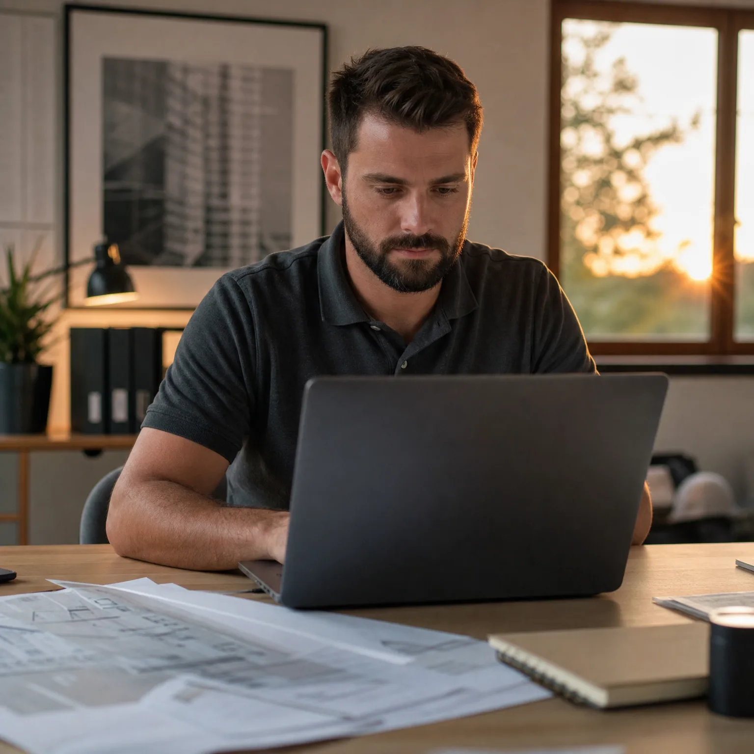 A bearded man in a dark polo shirt sits at a wooden desk using a laptop, with printed drawings in the foreground, a framed picture and shelf behind him, and a window showing a sunset.
