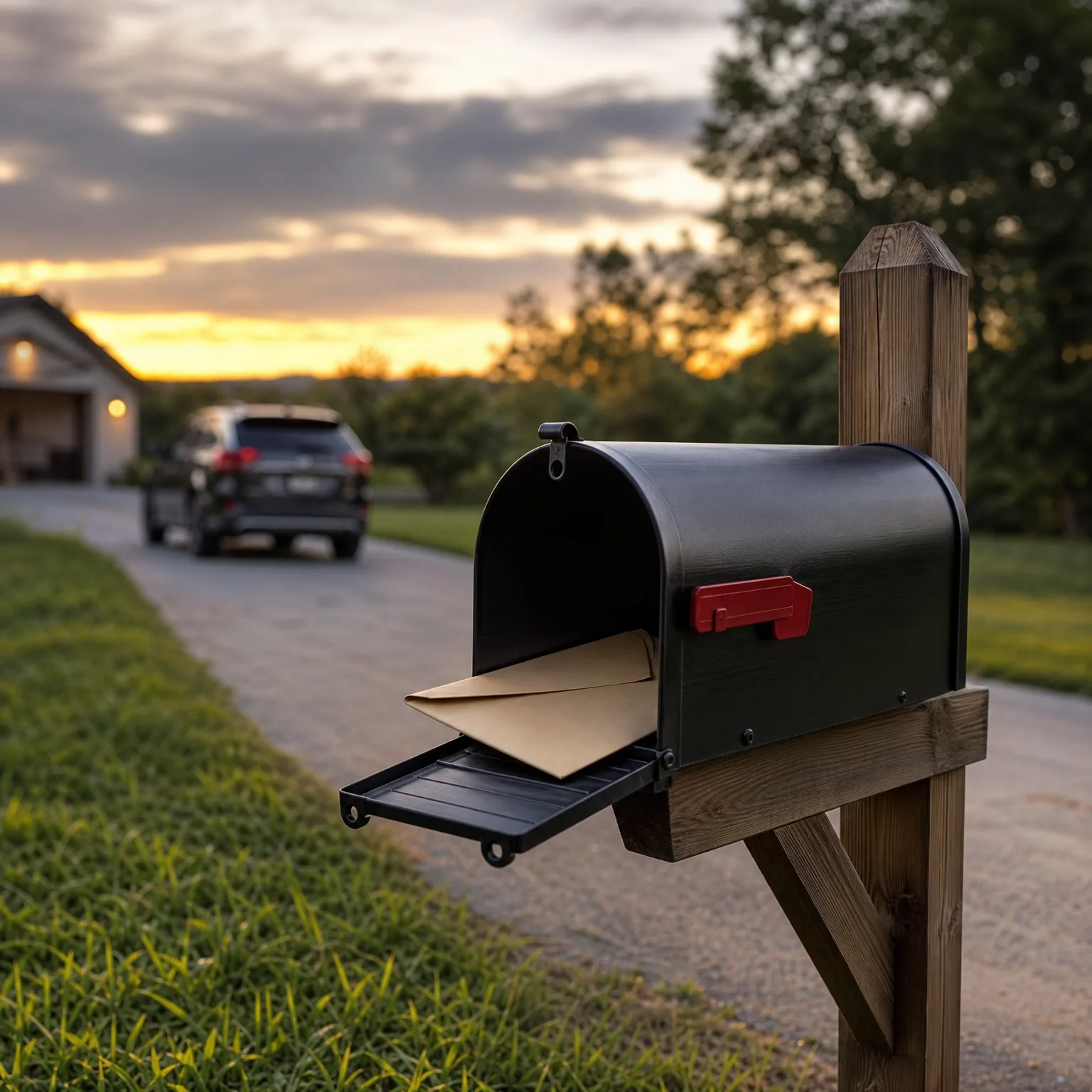 An open black mailbox with a raised red flag on a weathered wooden post, holding a tan envelope, beside a driveway with a parked dark SUV and a light-colored garage at dusk.