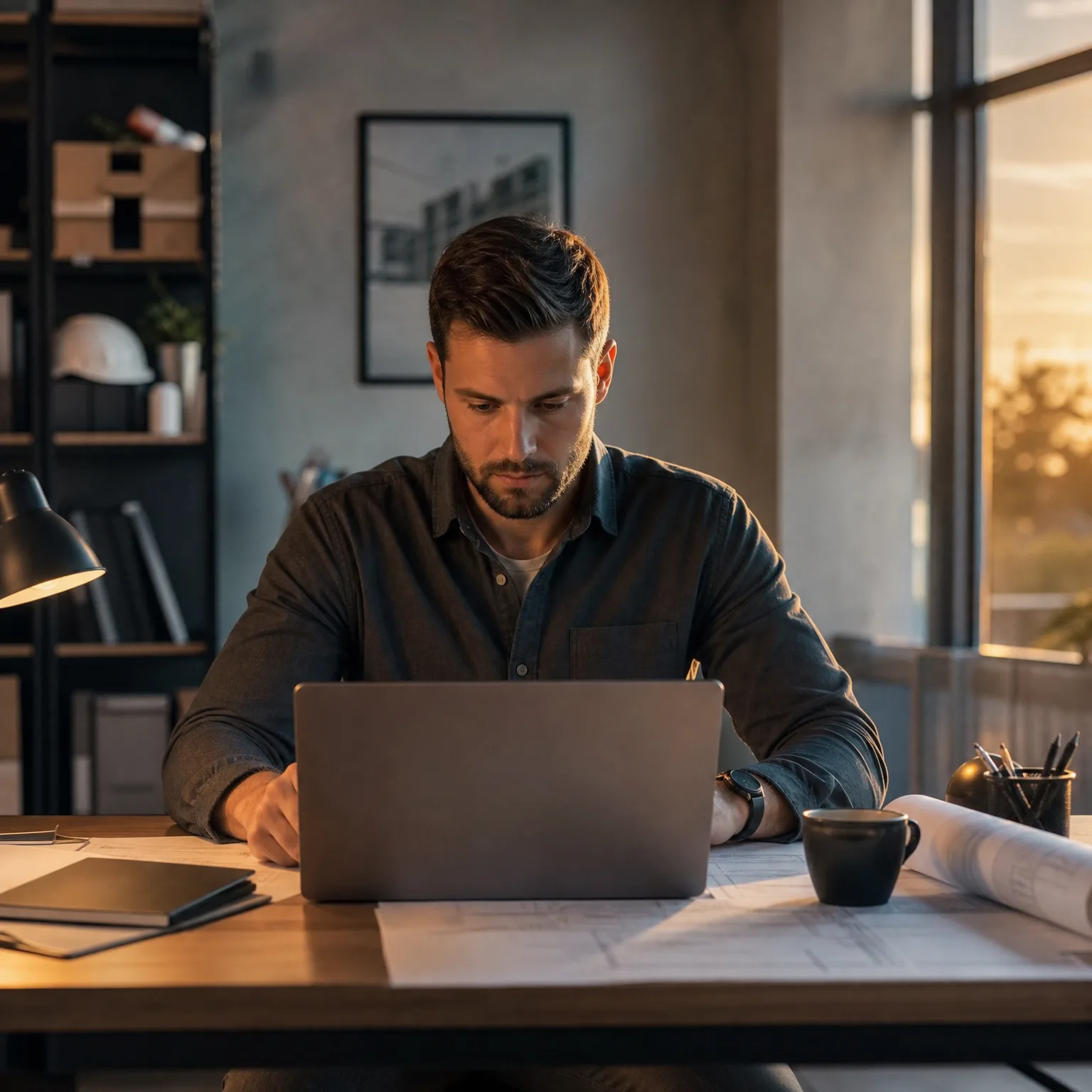 A bearded man in a dark shirt sits at a wooden desk working on an open laptop, with rolled drawings, a dark mug, a pen cup and notebooks nearby, a shelving unit behind him and a window showing warm sunset light.