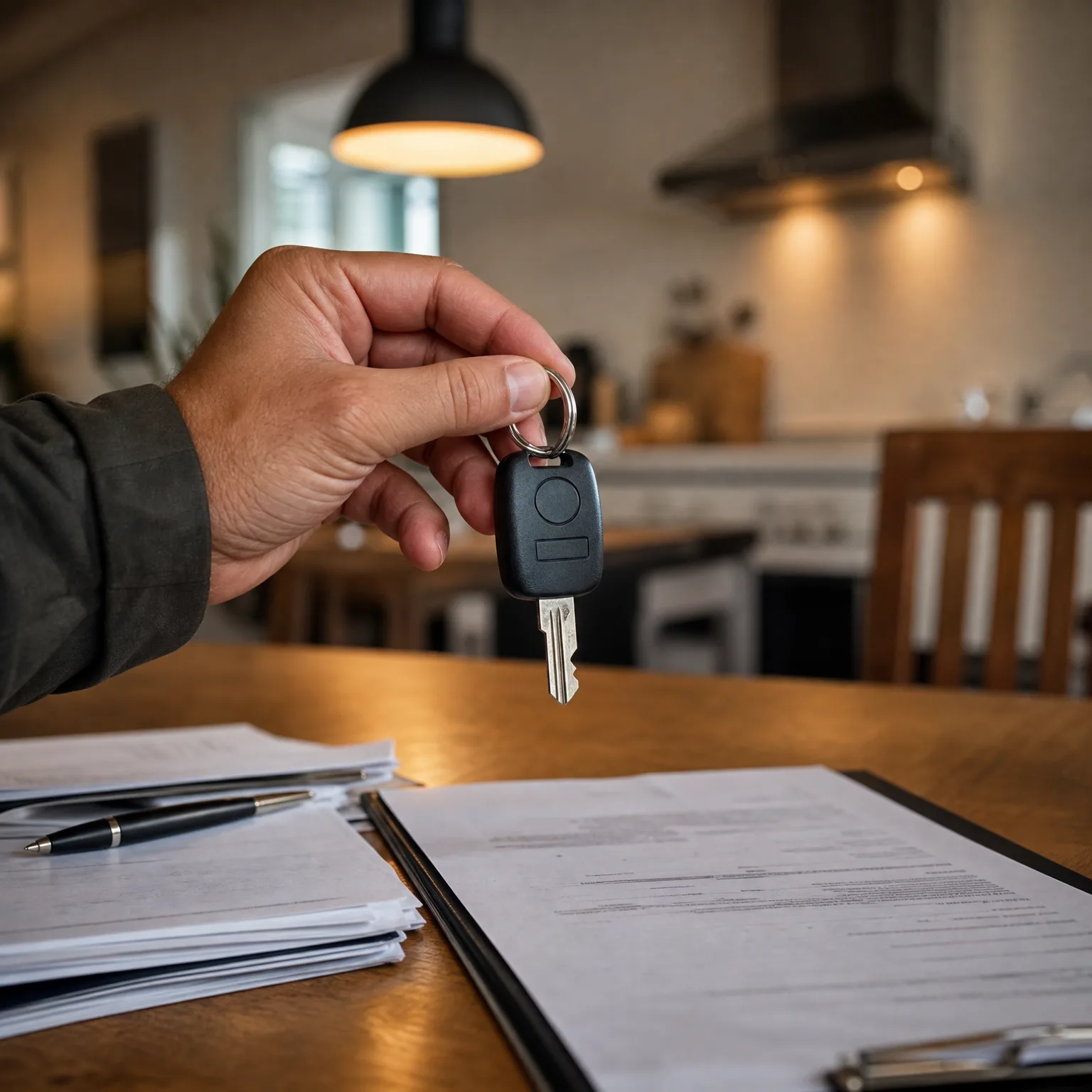 A hand holds a black-fobbed key over a wooden table with stacked papers, a pen, and a document in a folder, in a blurred kitchen interior.