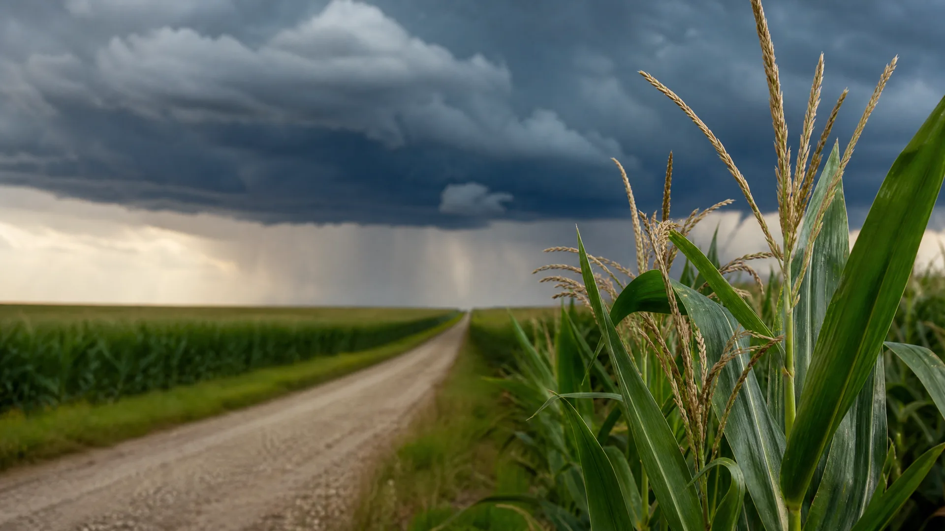 A dirt road runs between corn fields toward a flat horizon under dark storm clouds with visible rain shafts, with tasseled corn stalks in close-up at the right.