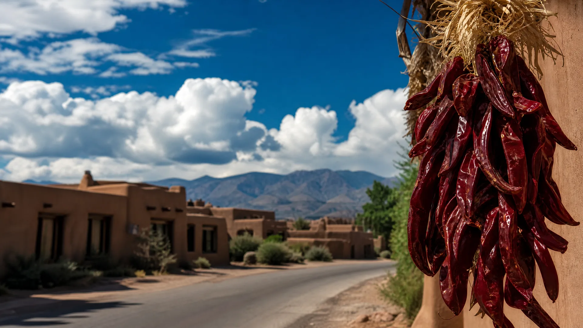 A ristra of dried red chili peppers hangs on a stucco wall in the foreground, with adobe-style buildings along a paved road and mountains under a partly cloudy sky behind.