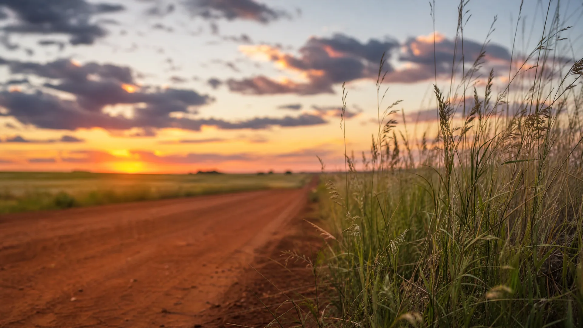 A red dirt road runs through flat grassland toward a flat horizon at sunset, with tall seeding grasses in sharp focus on the right and scattered clouds overhead.