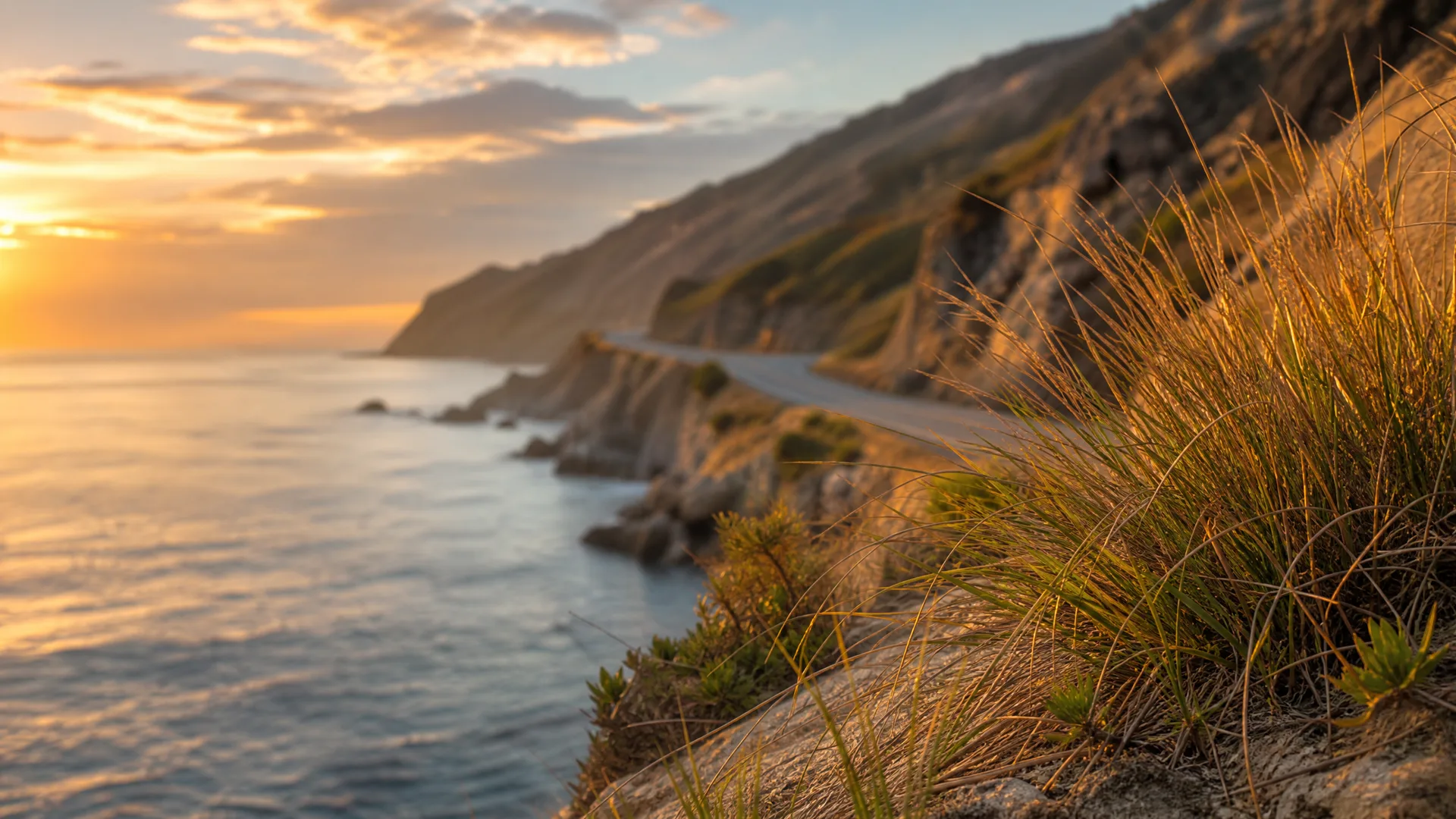 A coastal road winds along steep cliffs above the sea at sunset, with dry grasses and low shrubs in sharp focus in the foreground.