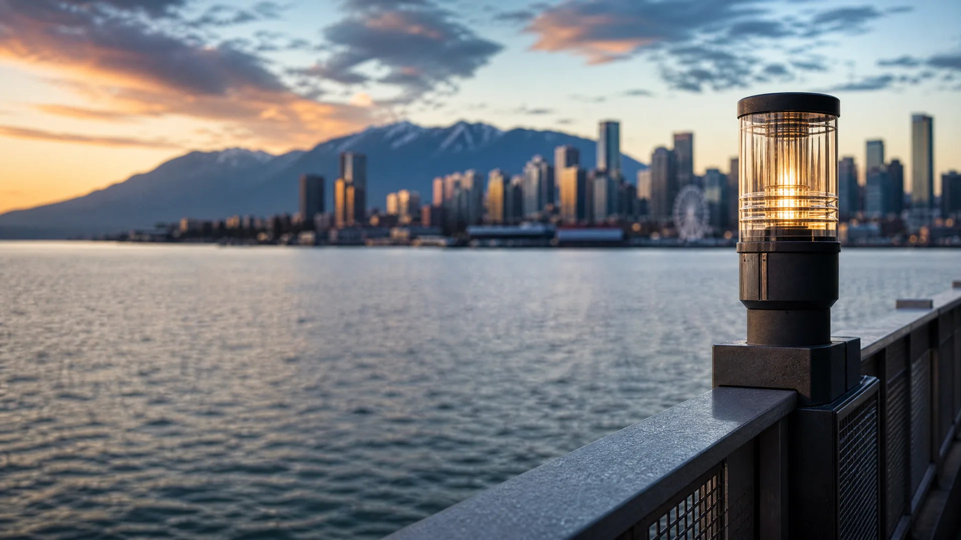 An illuminated bollard-style lamp mounted on a metal railing post in the foreground, with a calm waterfront, distant city skyline and snow-capped mountains under a dusk sky behind.