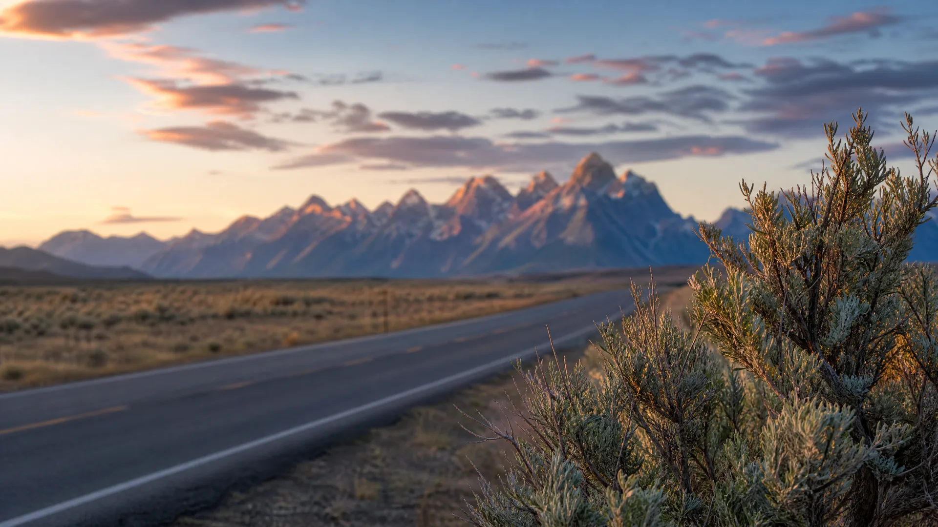 A two-lane road runs through open sagebrush flats toward a jagged mountain range lit by low sun, with a large sagebrush plant in sharp focus at the right foreground.