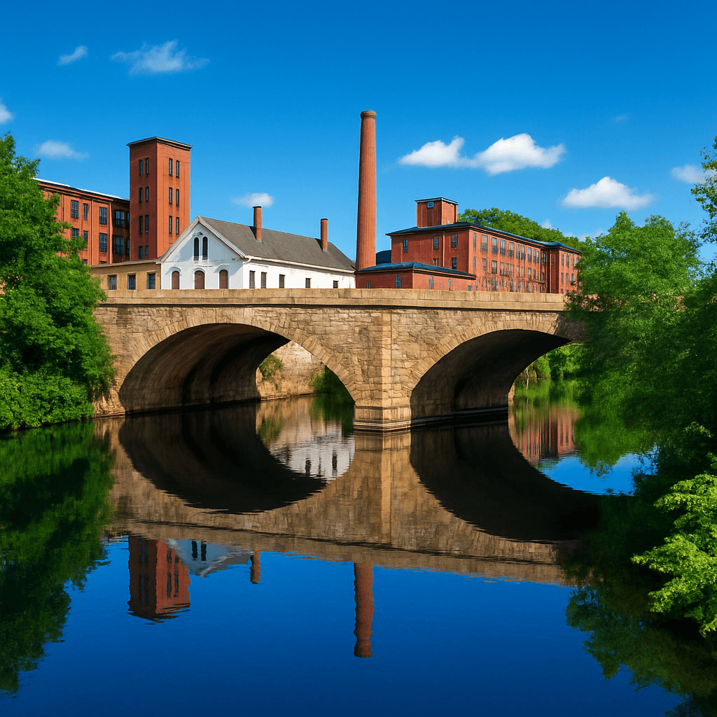 Stone arch bridge over river with red brick mill buildings and smokestack reflected in calm water